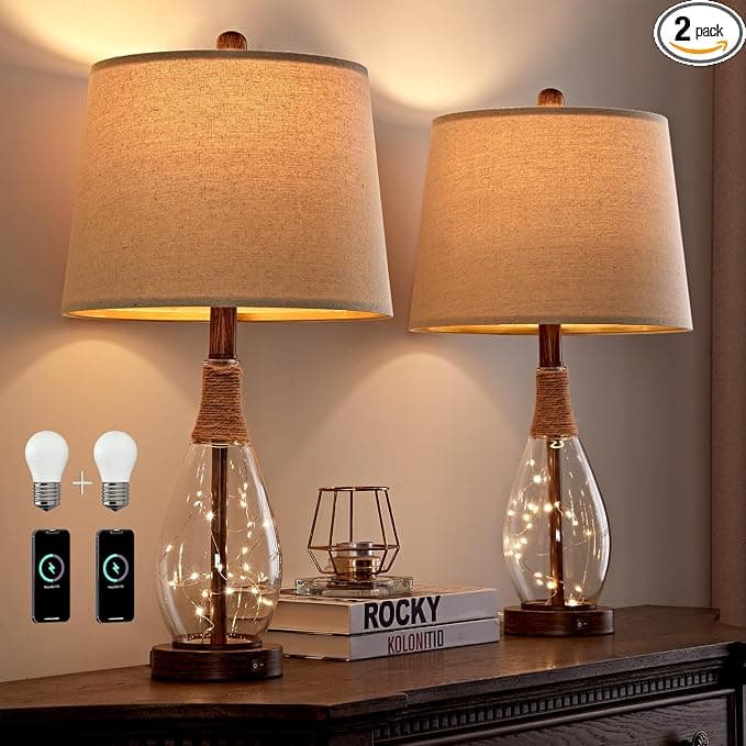 OYEARS Bedside Table Lamps Set of 2 with USB & Night Light, 22'' Farmhouse Bedroom Lamps for Nightstand