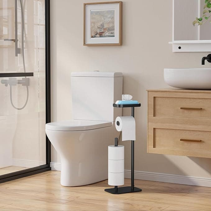 Kitsure Metal Toilet Paper Holder Free Standing with Shelf, Black