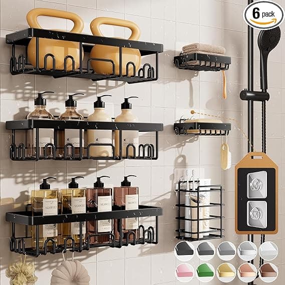 Veken Shower Caddy 6-Pack, No-Drilling Adhesive Shelves with Soap Holder