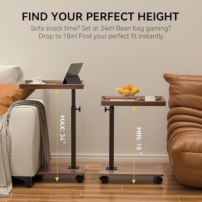 C Table End Table, Adjustable Height, 360° Swivel TV Tray, Walnut Brown