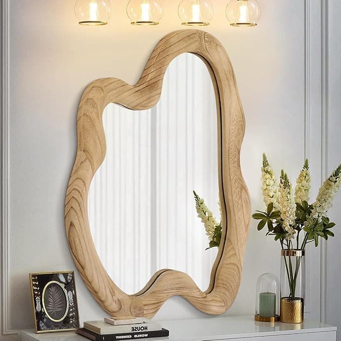 AAZZKANG Asymmetrical Wall Mirror, 24"x16", Rustic Irregular Wood Frame