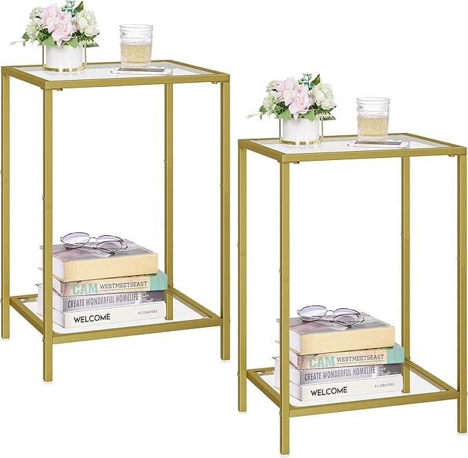 HOMSHO Side Tables Set of 2, 2-Tier with Tempered Glass, Golden