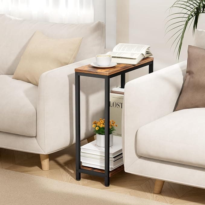 SLEEPING LAMB Narrow Small Side Table, 2-Tier, Rustic Brown and Classic Black