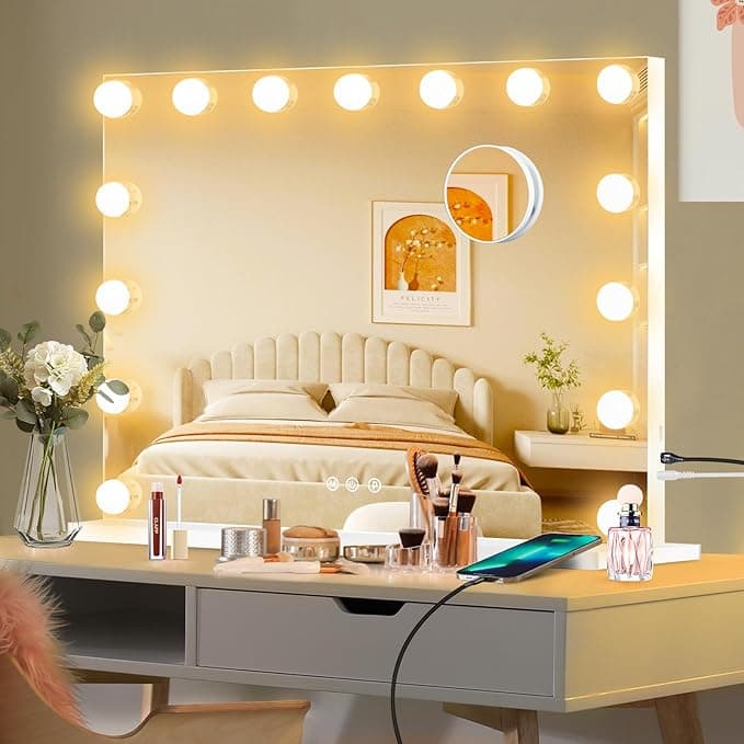 Moonee Hollywood Vanity Mirror with Lights, 23" x 18", 15 Dimmable Bulbs, 10X Magnification