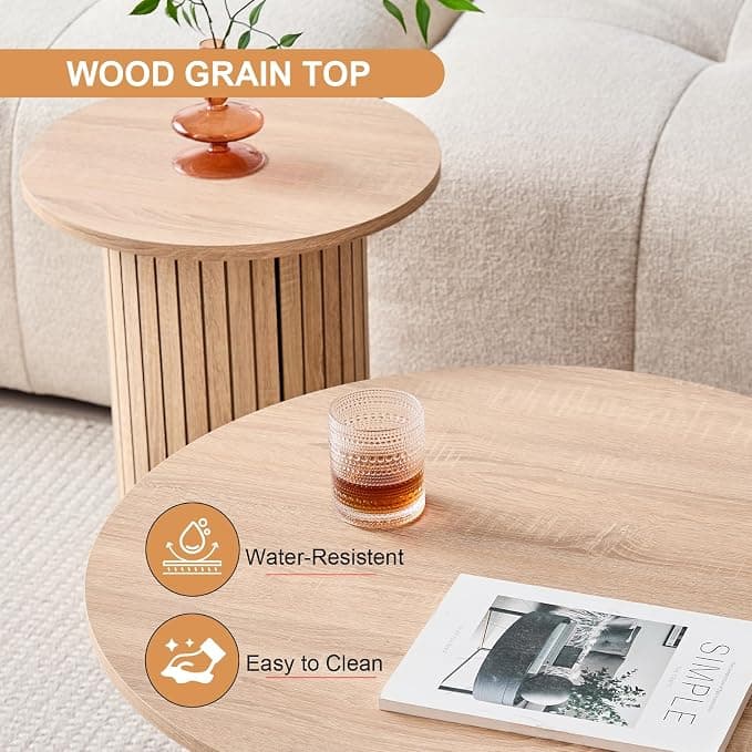 Lecafur HL Round Nesting Coffee Tables, Set of 2, Fluted Drum Design, Natural