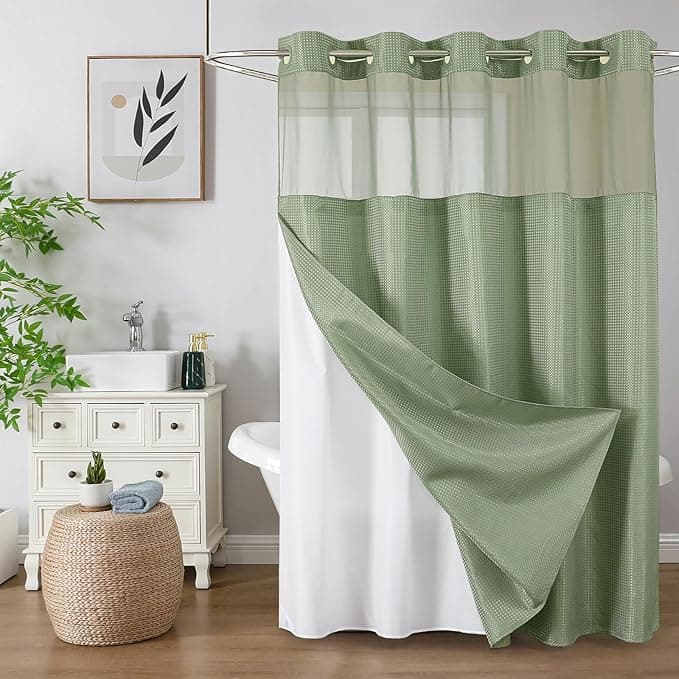 Colorful Star No-Hook Waffle Weave Shower Curtain Set, Sage Green, 72 x 75"
