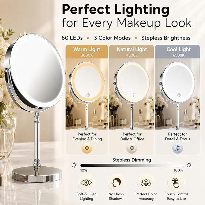 8" Lighted Makeup Mirror, Rechargeable Double-Sided, 1X/10X Magnification