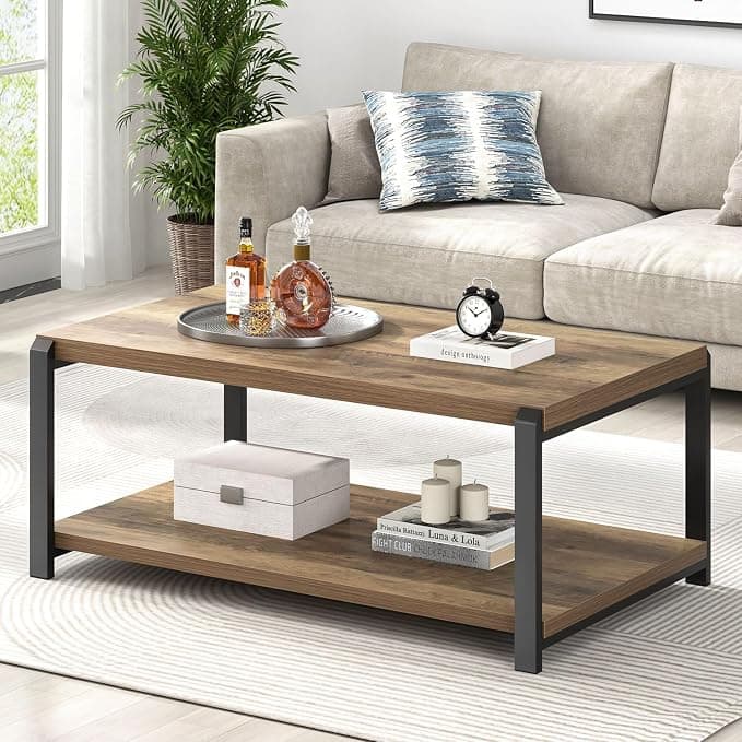 EXCEFUR Modern Coffee Table, 47", Industrial Rustic Oak with Storage Shelf