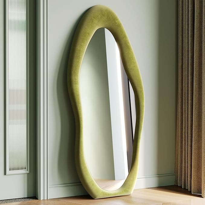 Honyee Full Length Mirror, 63" x 24", Flannel-Wrapped Irregular Wavy Frame, Green