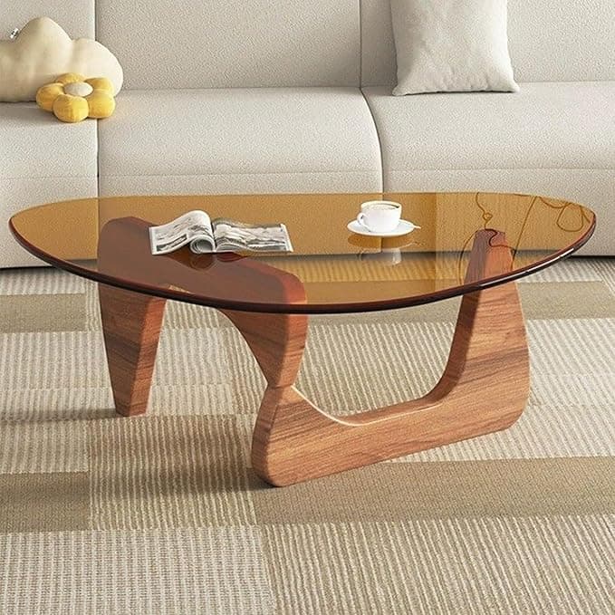 EASYSOUL Modern Abstract Round Glass Coffee Table, 32.68" x 22.44" x 15.75", Walnut-Brown