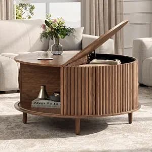 JOINICE Round Coffee Table with Storage, 31.5", Fluted Walnut Drum Table with Sliding Door