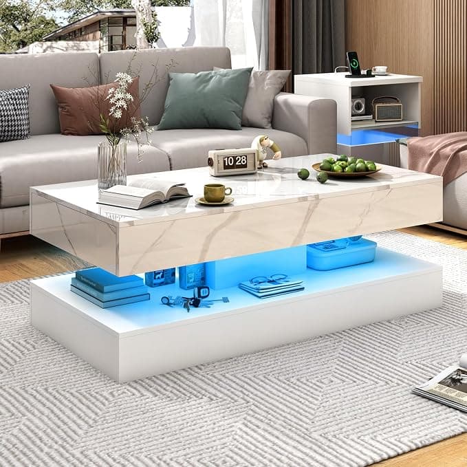 chartustriable 47.2" High-Glossy LED Coffee Table with 2 Sliding Drawers, Marble Print, White