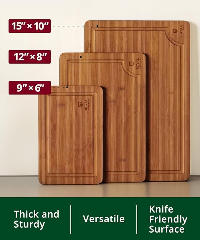 ROYAL CRAFT WOOD Bamboo Cutting Board Set (3-Piece) with Juice Groove & Side Handles